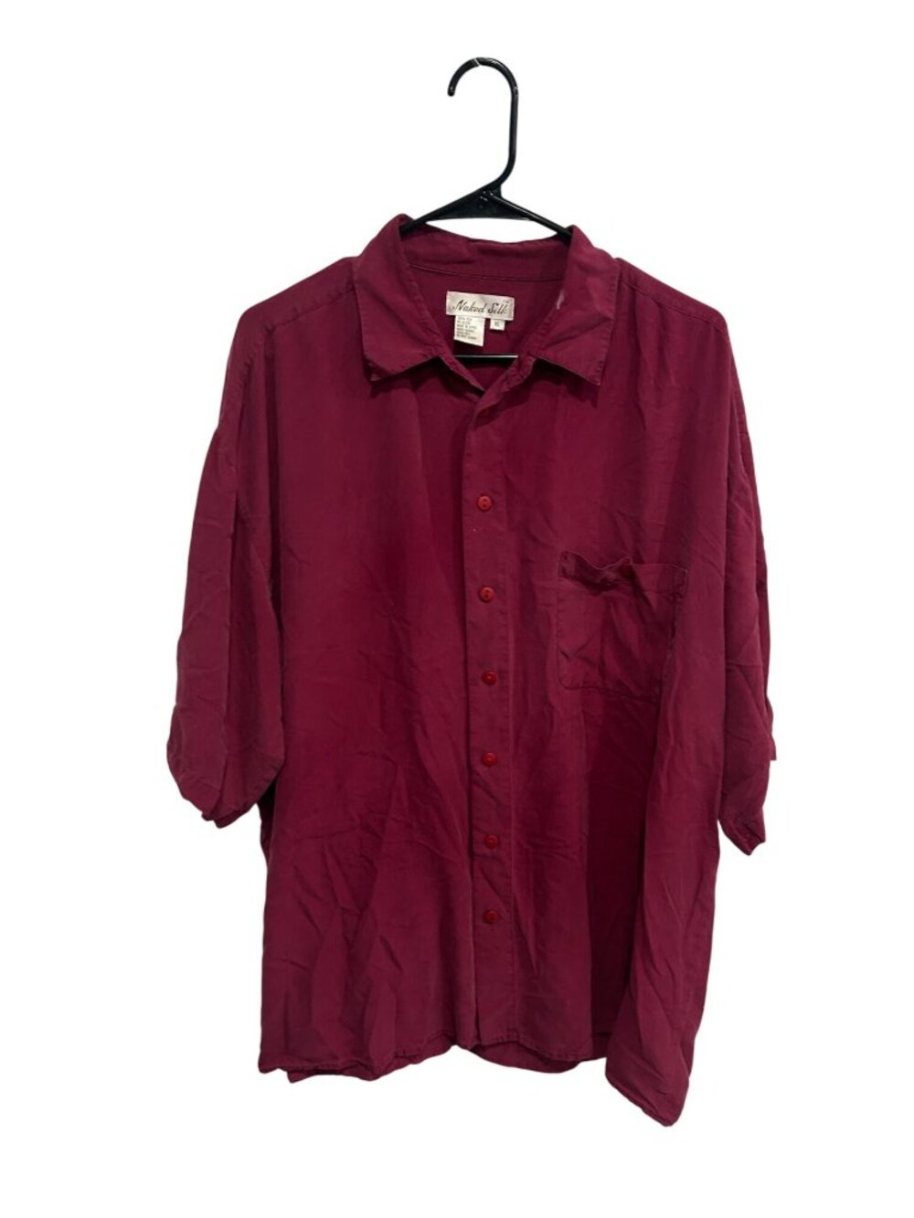 Naked Silk XL Mens Burgundy Button Up Shirt Silk Relaxed Fit Minimalist Vintage